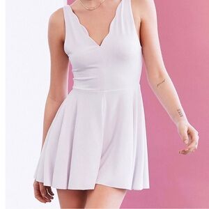 Kimchi Blue Scalloped Deep V Neck Plunge Low Back Fitted Flowy Romper Balletcore